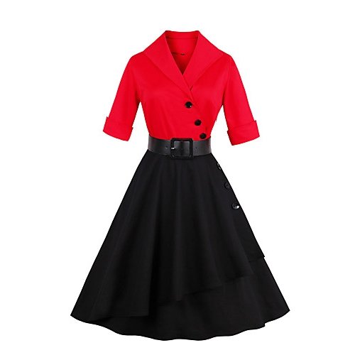 Women's casual jacket retro swing dress - solid color shirt collar Patchwork