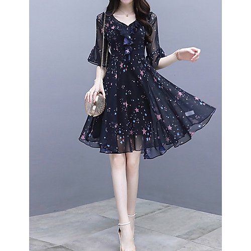 Women daily, go chic, sophisticated printing Slim tight-fitting V-neck dress