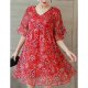 Women Plus Size holiday, go out simple, complex loose chiffon dress, printed V-neck