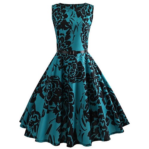 Female Daily / Going retro cotton / polyester Slim swing dress - blue flower print / Spring / Summer